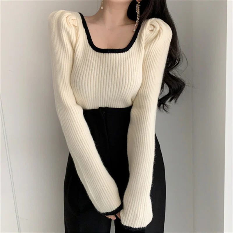 

Spring Autumn Fashion Long Sleeve French Style Vintage Soft Square Collar Leaky Collarbone Long Sleeve Knitted Sweater Pullover