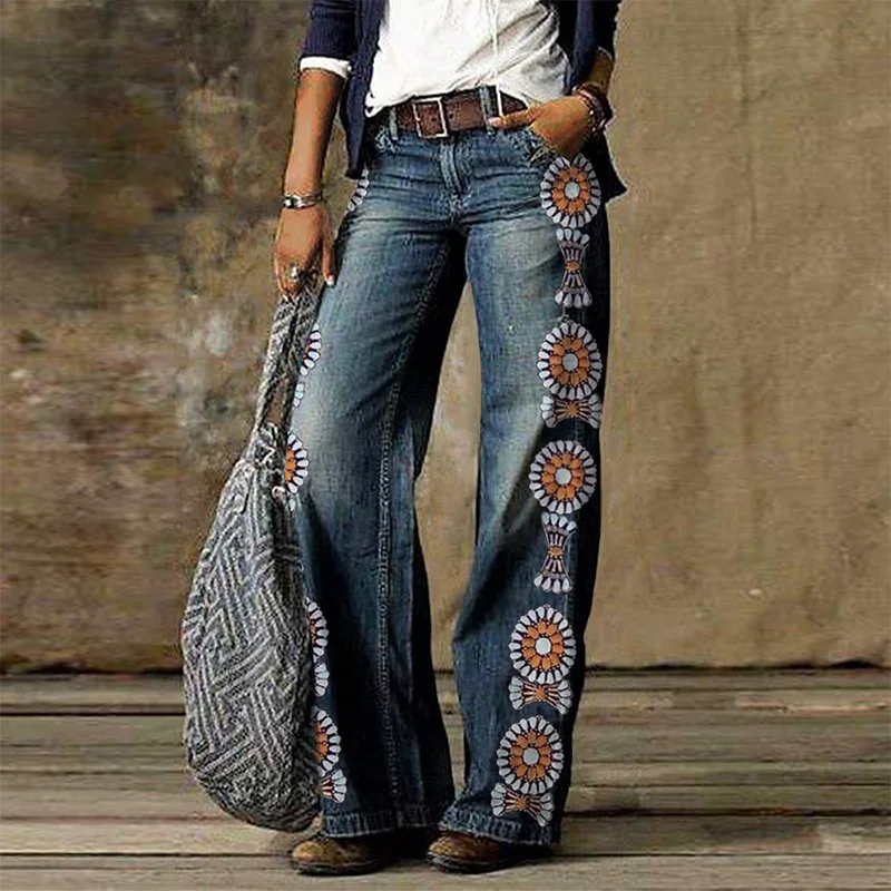 

Women 2021 Spring Retro Print Straight Jean Autumn Elegant Wide Leg Pants Office Lady Casual Fashion Loose Denim Streetwear Pant