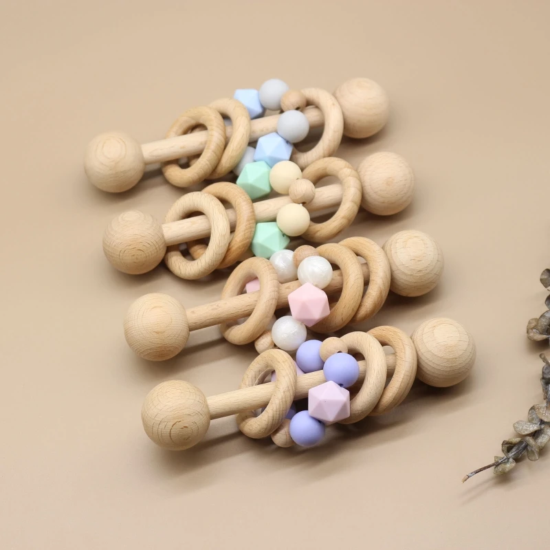 

Baby Beech Teether Bell Rattle Toddler Teething Nursing Toy Shower Gifts Silicone Beads Wooden Ring Soother Molar