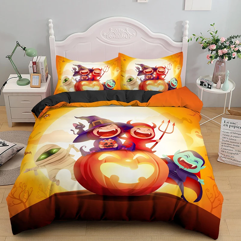 

Комплект постельного белья с мультяшным принтом на Хэллоуин, пододеяльник с тыквой, фонариком, пододеяльники и наволочка, Королевский разм...