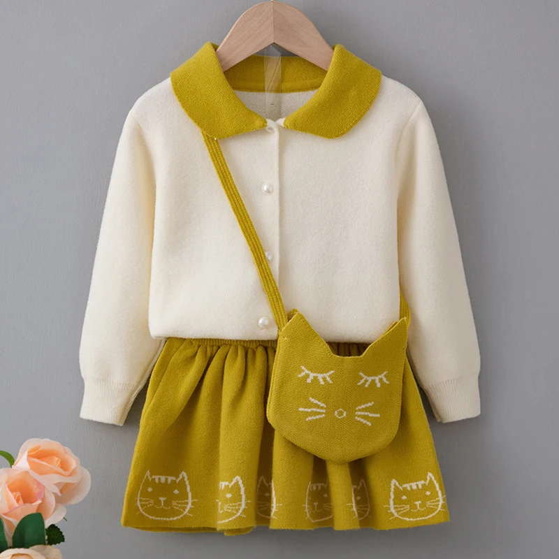 

Fall Winter Girls Knitted Sweater Set New Long Sleeve Warm Cardigan & Cat Skirt Toddler Girl Sweater Free Bag 3 Pcs 1 2 3 4 5Y