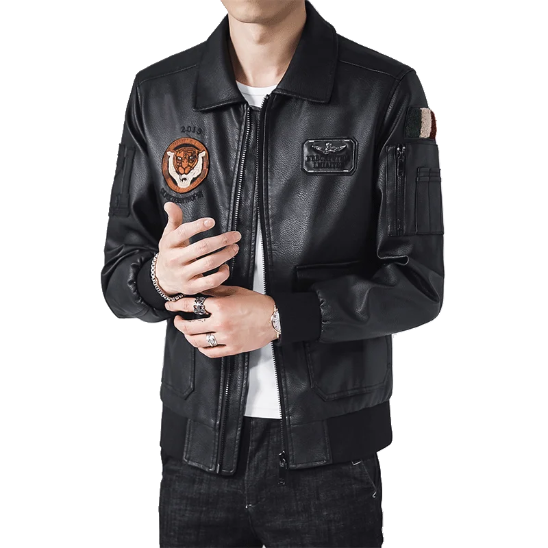 Куртка мужская с принтом приталенная байкерская куртка большими карманами