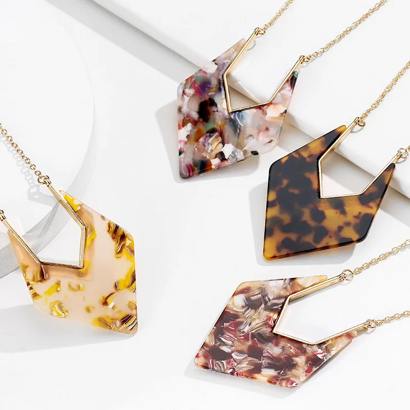 New Vintage Acrylic Geometric Pendant Necklace Women Statement Long Chain Metal Ethnic Jewelry Leopard Sweater | Украшения и