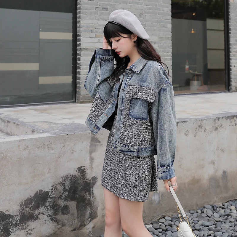 Two Piece Outfits for Women Fashion Korean Splice Denim Loose Jacket Coat High Waist Mini Skirt 2PCS Sets Streetwear Hiphop Set