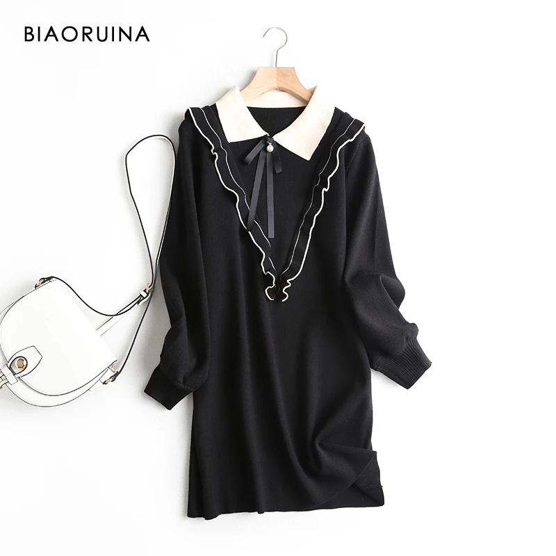 BIAORUINA женское Милое трикотажное платье 4 цвета Vestidos с оборками бантом бисером