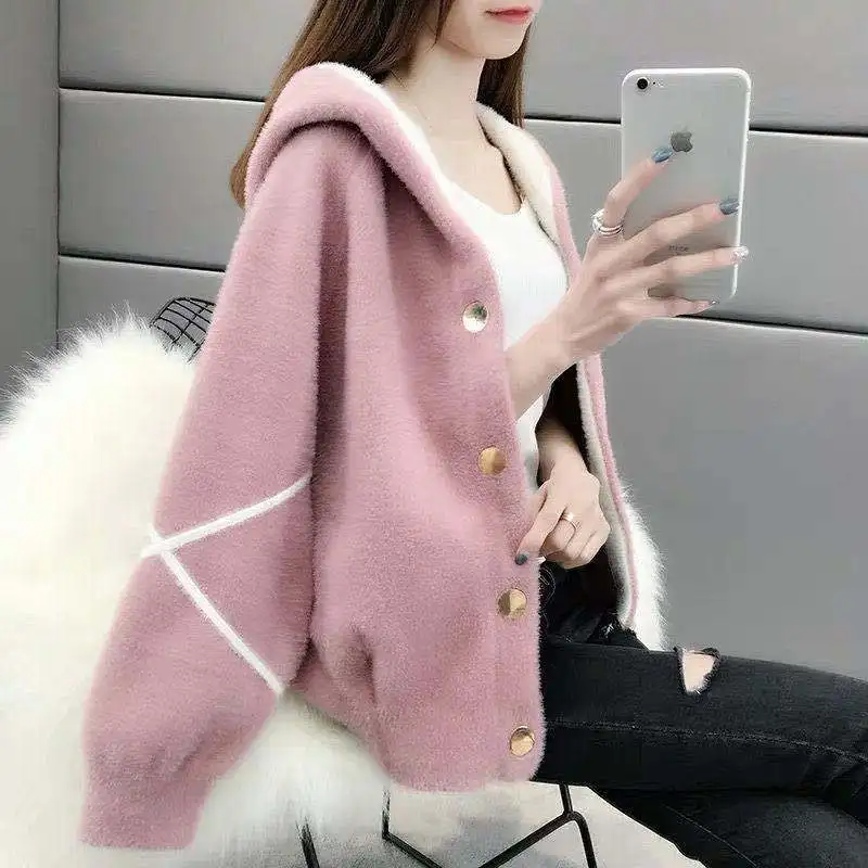 

Autumn Winter New Women's Long-Sleeve Hooded Imitation Mink Fur Sweater Outwear Female Thick Warm Loose Sweater Cardigan R151