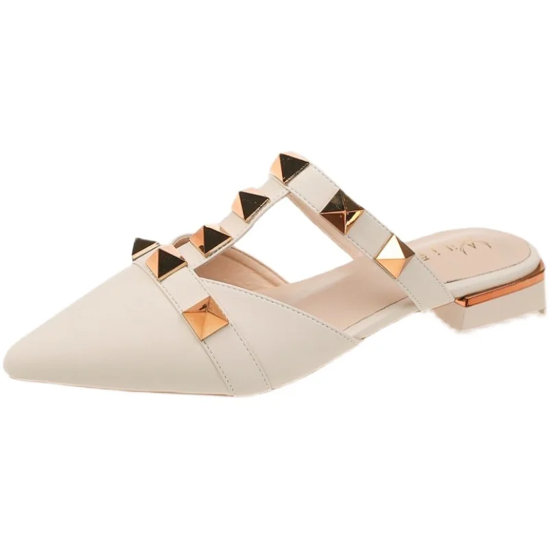 

Pointed Toe Slippers Casual Shoes Rivet Shallow Low Slides Loafers Square heel Slipers Women Female Mule Luxury Cover Block Flat