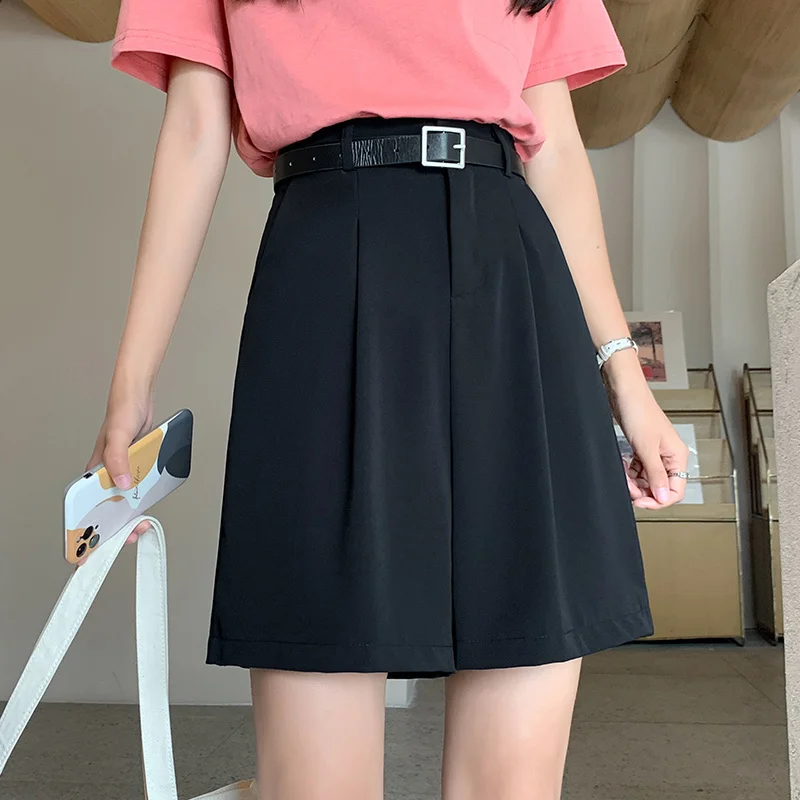 

#0732 Black Grey Blazer Shorts Women Thin Chiffon Shorts Femme Loose Wide Leg Shorts Korean Fashion High Waisted Women's Shorts