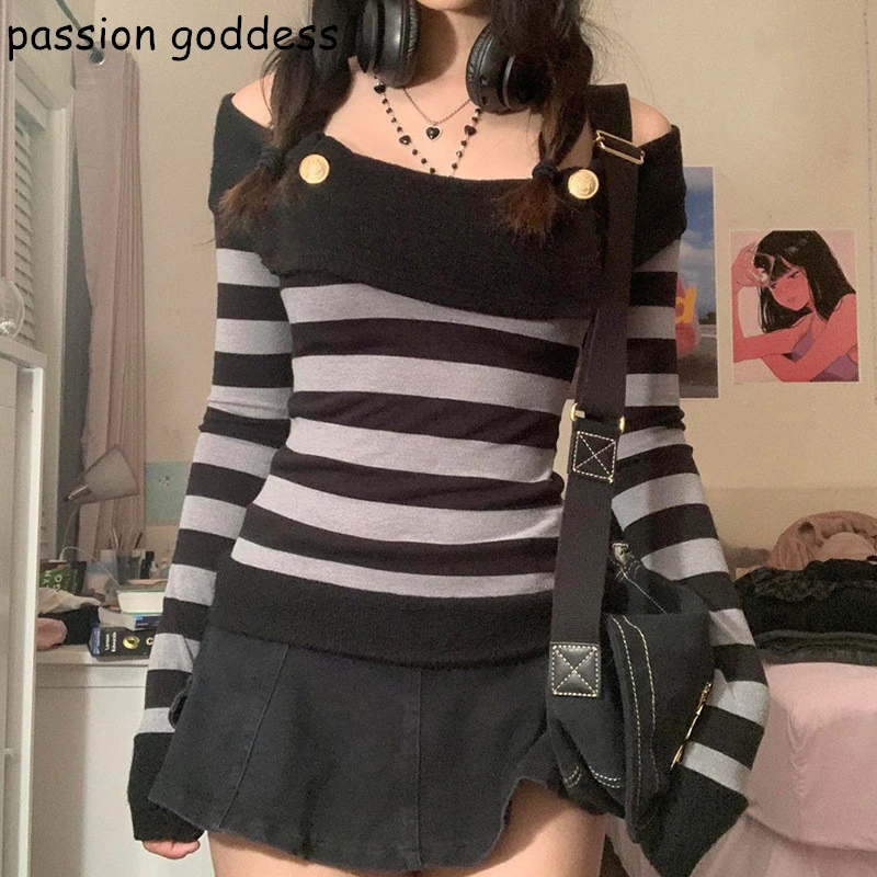 

New 2021 Women Casual Stripe T Shirts Slash Neck Long Sleeve Skinny Slim Sexy Tees Off The Shoulder Tops Vintage Ladies Tshirt