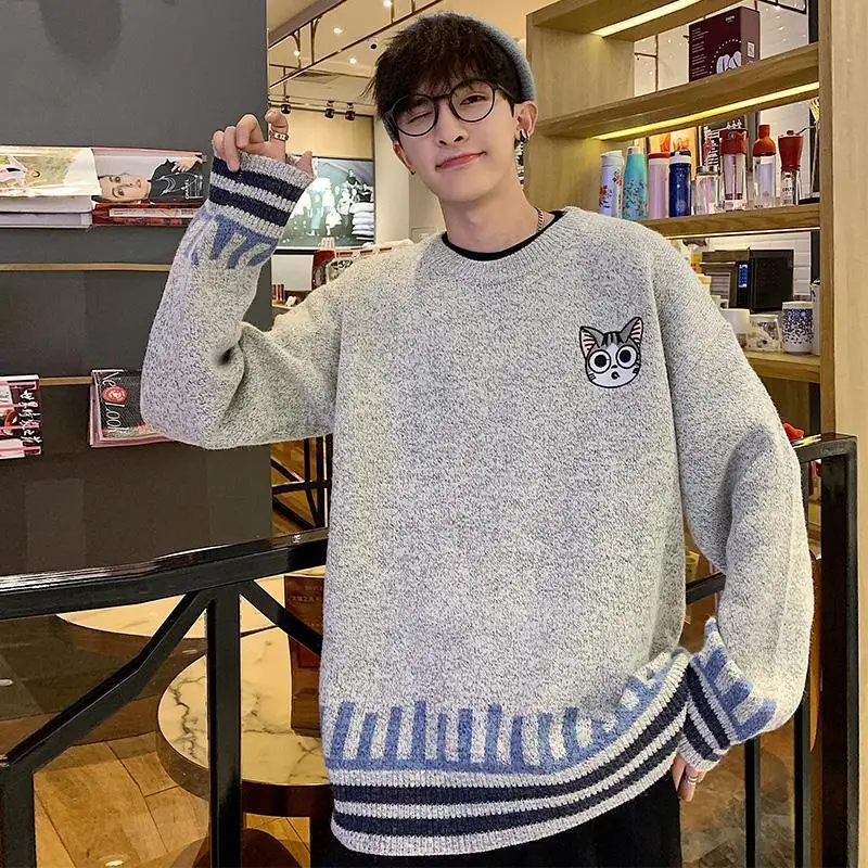 Свитер мужской осенне зимний утепленный свободный уличный свитер в Корейском