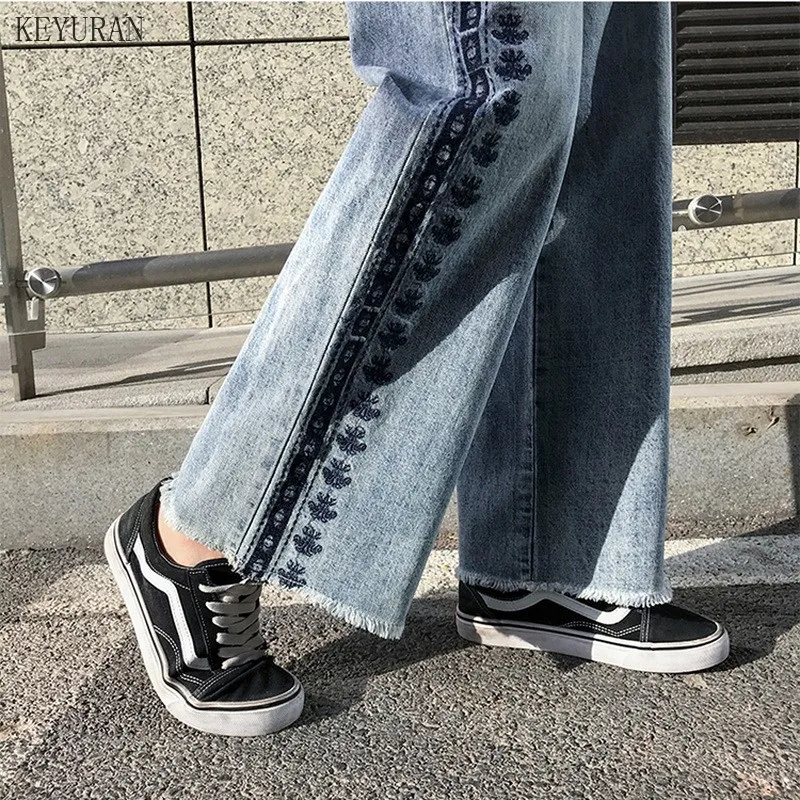 

Side Flower Embroidery Jeans Loose Wide Leg Jeans For Women High Waist Boyfriend Jeans Woman Mom Casual Long Boho Denim Pants