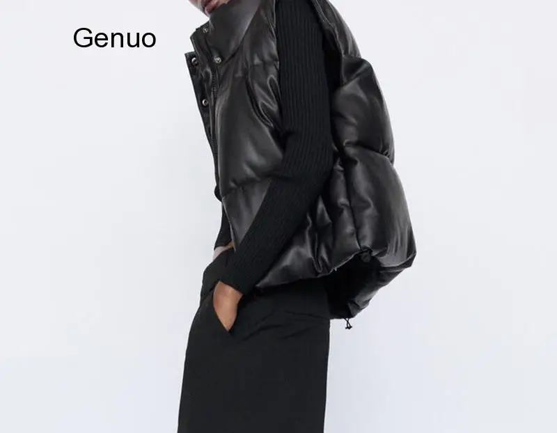 Новинка осенне-зимний черный теплый жилет из искусственной кожи модное женское
