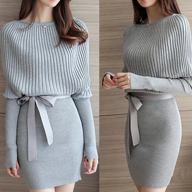 

Fashion Autumn Winter Dress Women Knitwear Sashes Belted Mini Dress Bodycon Elegant Knitted Dress Long Sleeve Knitting Dresses