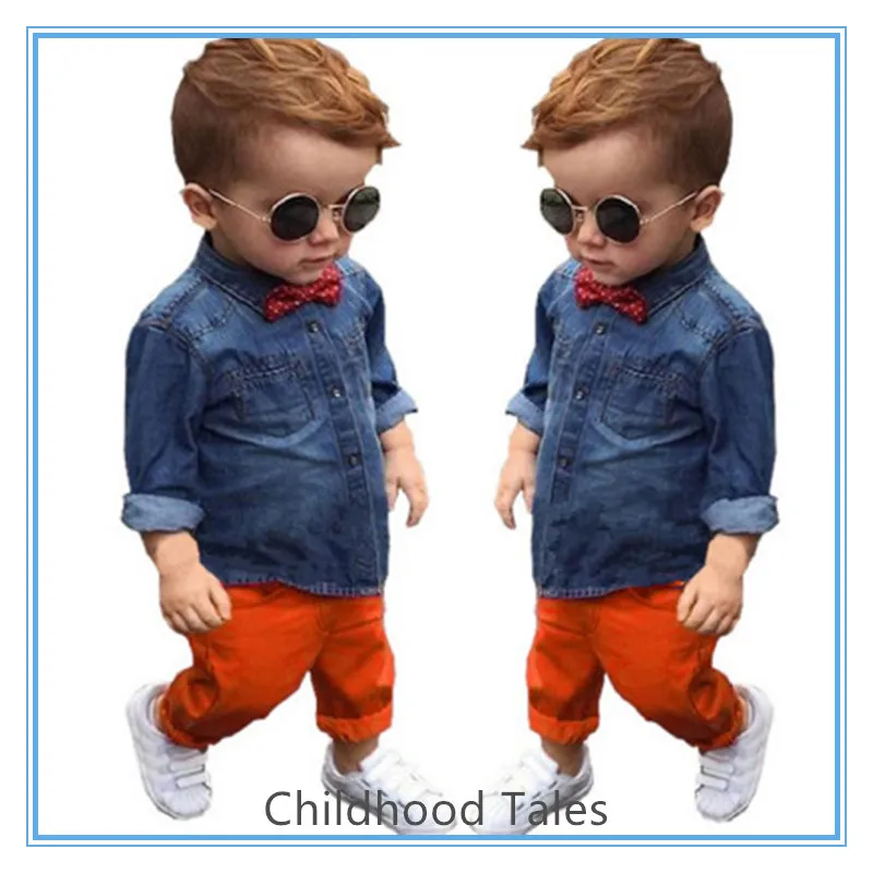 

New style hot sale children's suits, handsome boys' fashion soft denim shirt suits jeans set