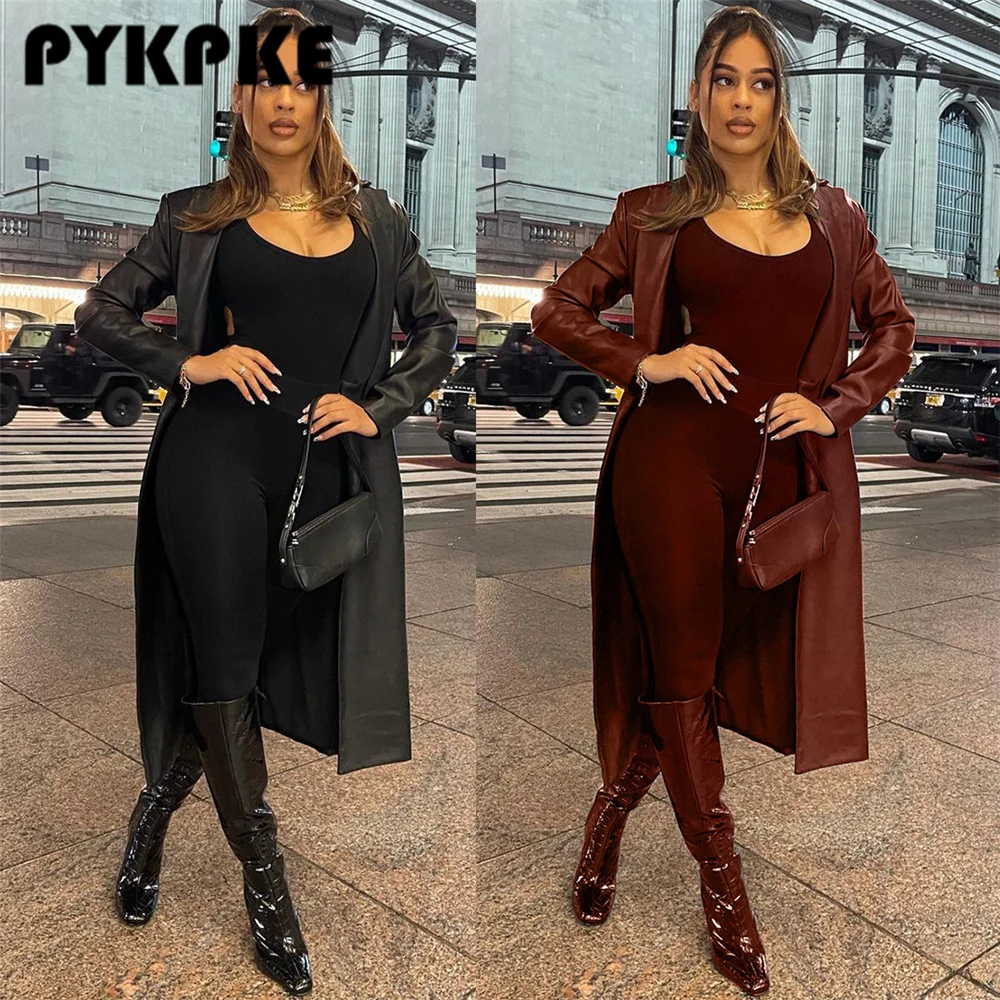 

Fashion Women's Long PU Leather Trench Coat Streetwear Long Sleeve Single Button Overcoat