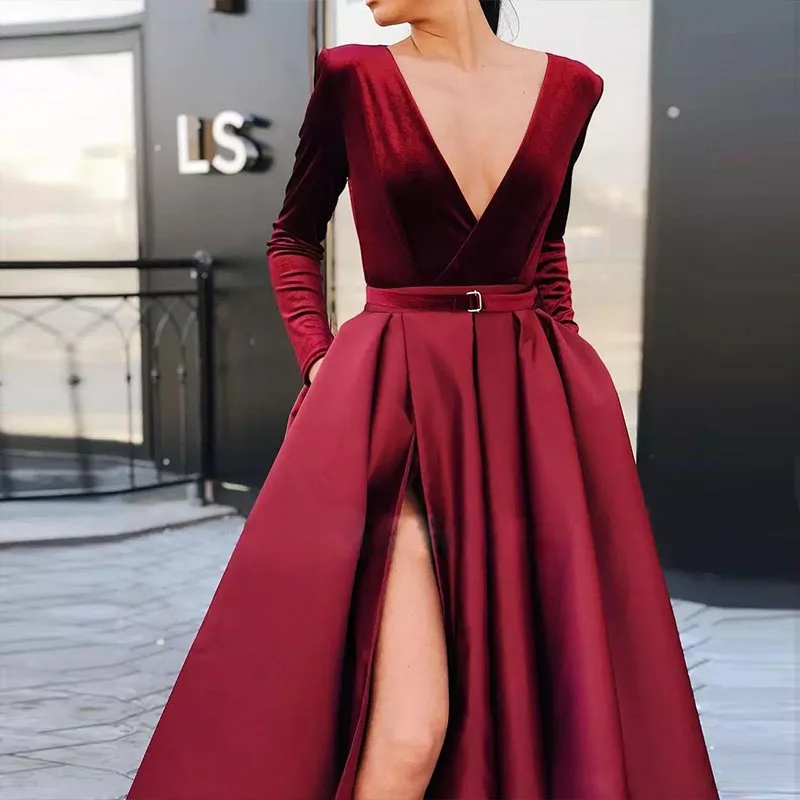 

Muslim Evening 2020 V-Neck Velour Satin Formal With Pockets High Slit Elegant Long Sleeve Evening Gowns