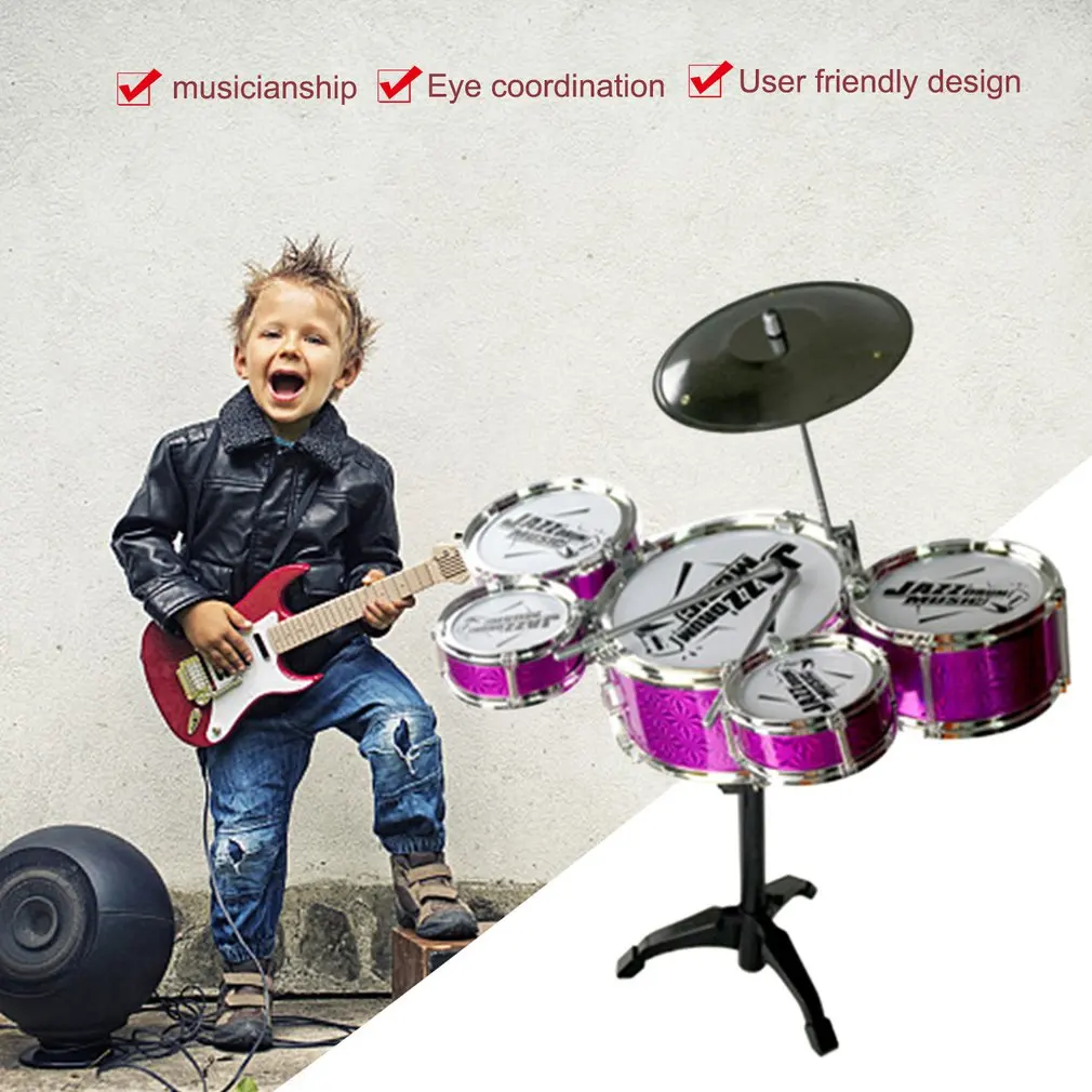 

Children Musical Instrument Toy 5 Drums Simulation Jazz Drum Kit with Drumsticks Educational Musical Toy for Kids
