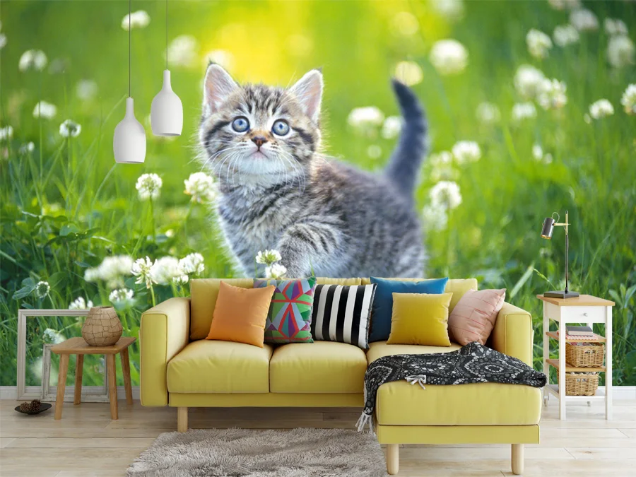 Cute Cat Wallpaper Custom 3D Wall Mural Kitten in Flower Field Photo Wallpaper Pet shop Kids Girls Bedroom Living Room Decor