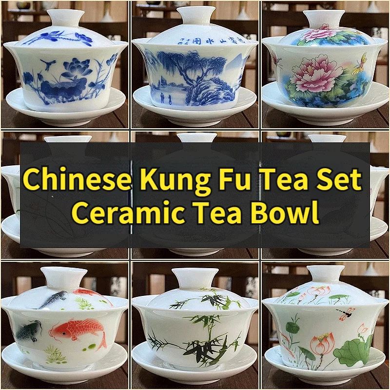 

Chinese Kung Fu Tea Set Ceramic Tea Bowl Covered Bowl Hand Painted Celadon Vintage White Porcelain Tea Set Brewing Covered Bowl