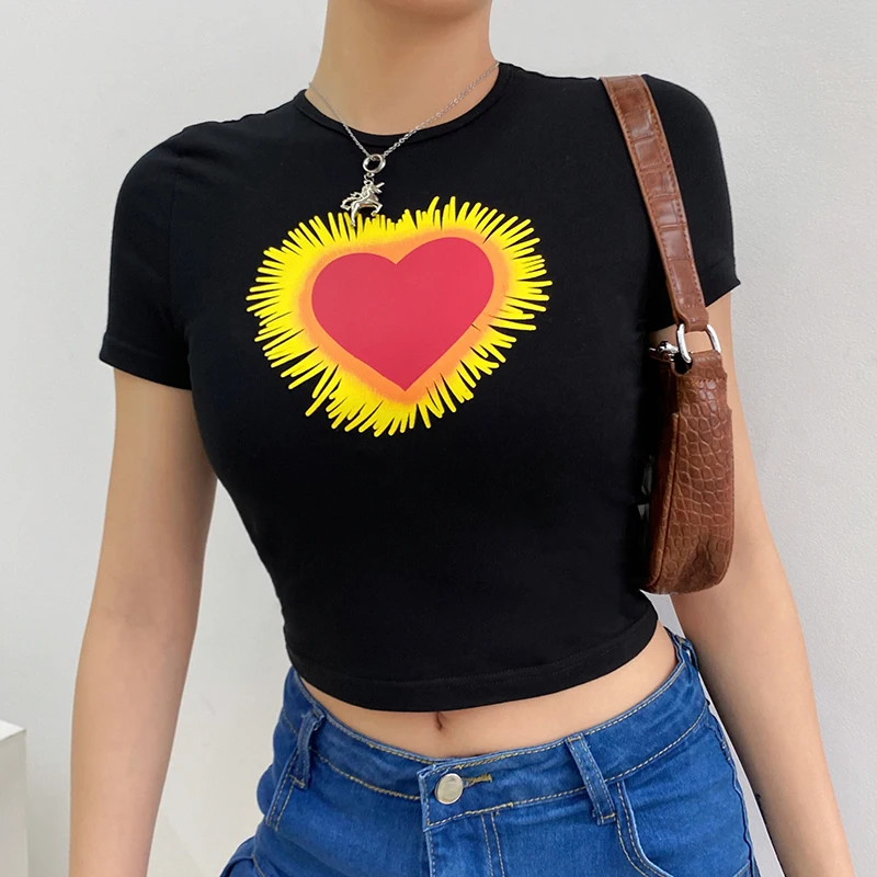 HEYounGIRL повседневные Черные женские футболки в китайском стиле Harajuku короткий топ с