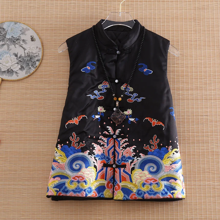 High-end Winter Women Vest Top Chinese Style Retro Embroidery Elegant Lady Vest Warm Female S-XXL