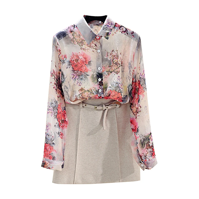 

2020 Summer Women's Blouse New Flower Printed Chiffon Shirt Female Long Sleeve Floral Shirts All-match Top Blouses Blusas