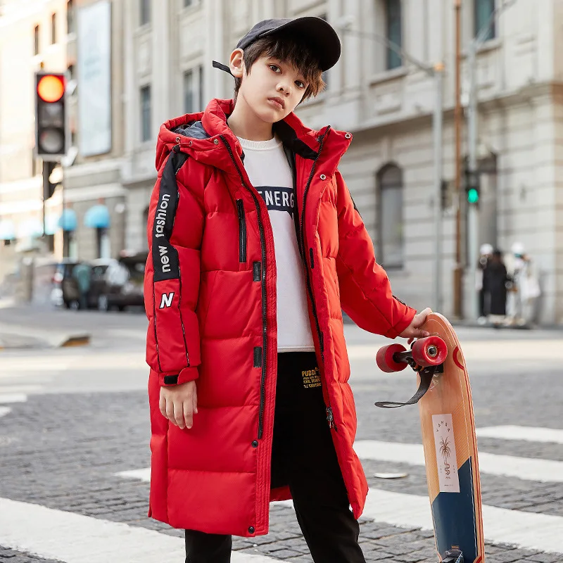 Chaqueta larga de invierno para ni&ntilde;o, mono de nieve para ni&ntilde;o, abrigo largo para ni&ntilde;o, Plum&iacute;fero a prueba de viento, Parka gruesa con capucha para exterior, 90%-3