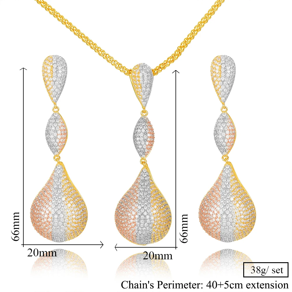 

missvikki Noble Dubai Women Wedding Long Big waterdrop Pendant Earrings Necklace Jewelry Set Fine Super CZ Fashion Accessories