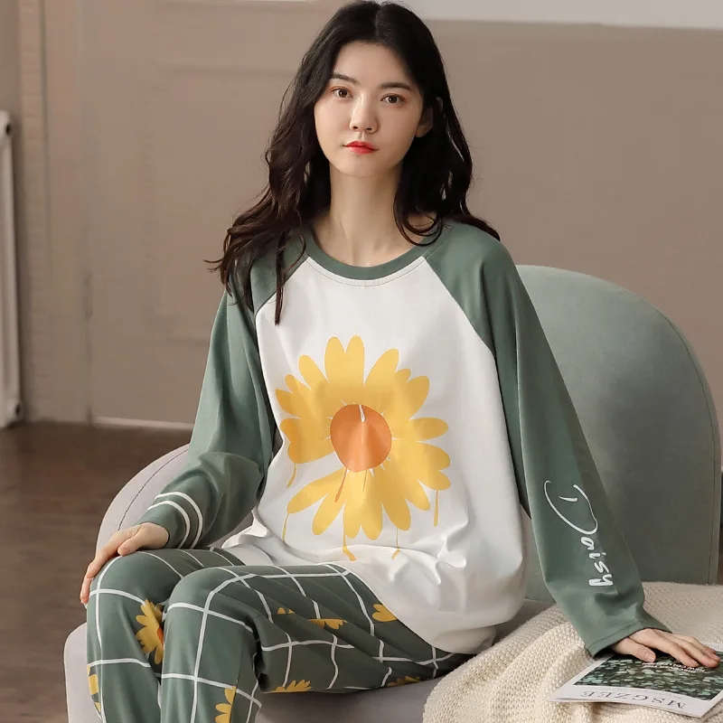 

Mujer Long Sleeve Cotton Pyjamas Daisy Pocket Pyjamas Winter Women Pajamas Sets O-Neck Casual Sleepwear Lovely Cartoon Pijamas