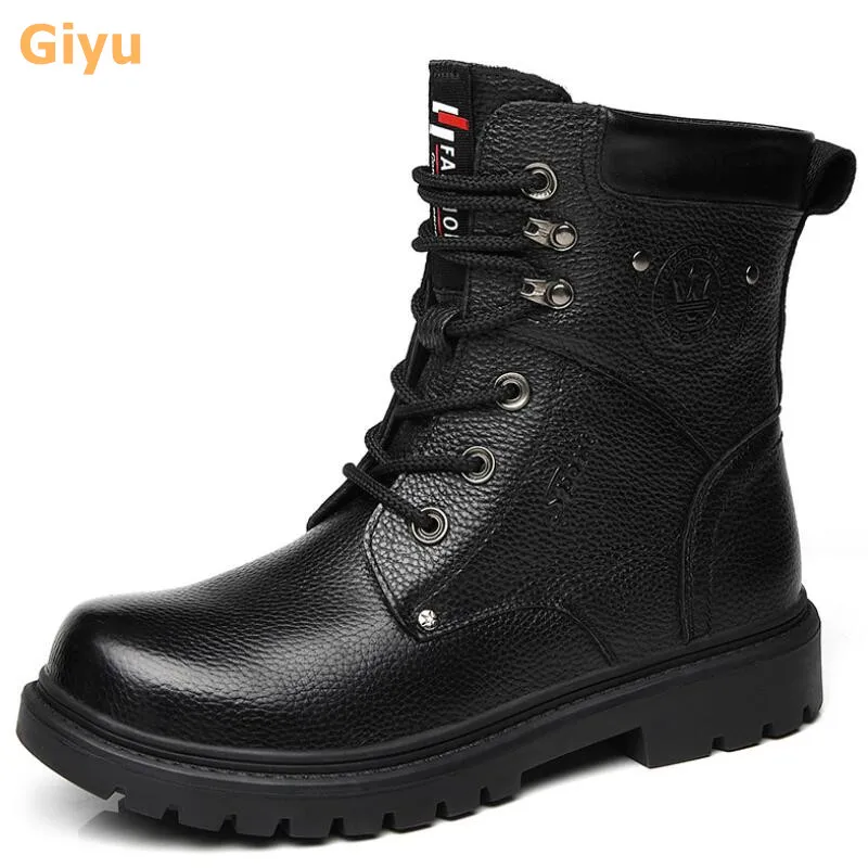 

Autumn new men's shoes Martin Boots Men's high-top casual military boots Genuine Leather flat single boots Black hiking shoes