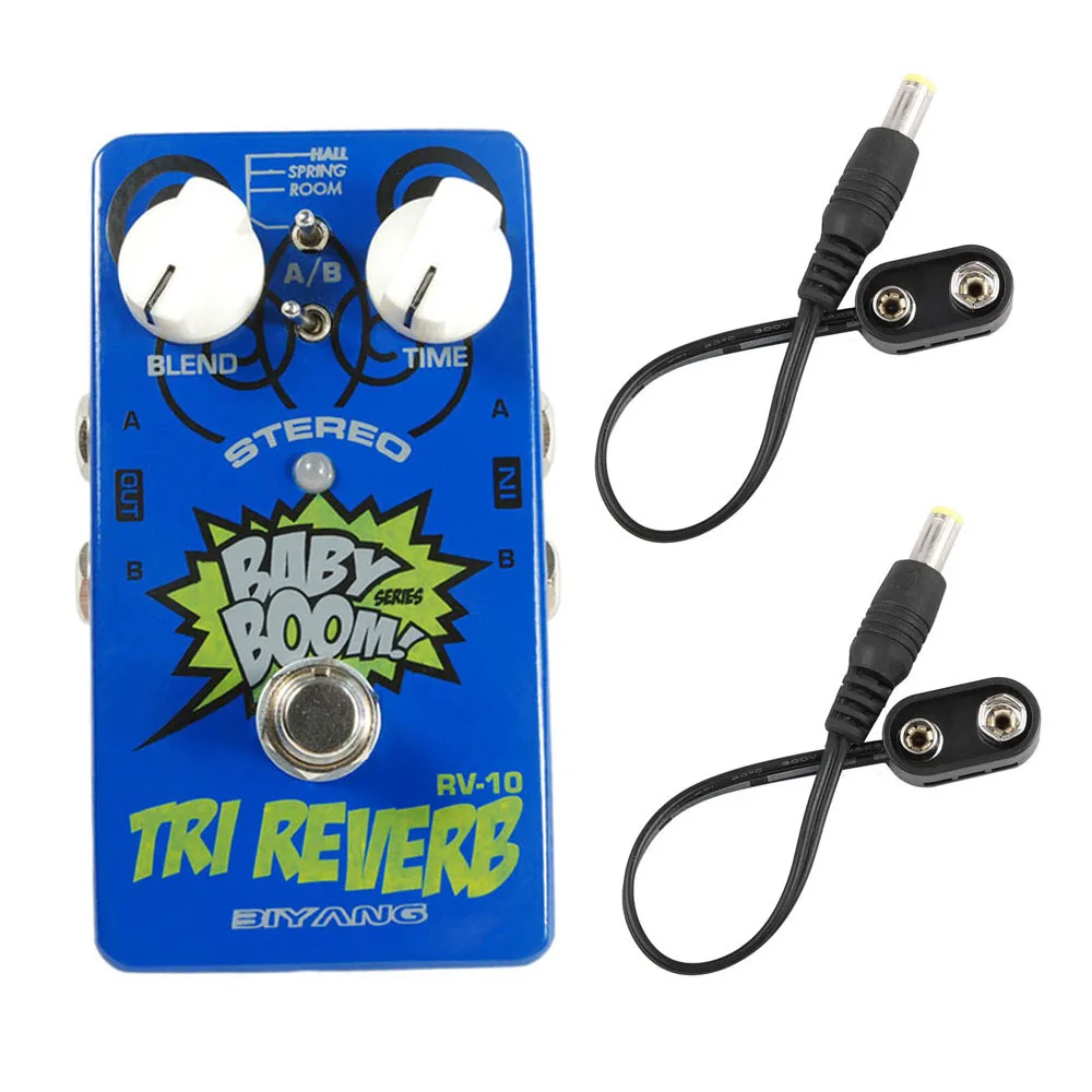 Biyang RV-10 Guitar Effects Pedal 3 Mode Tri Reverb Reverb Stereo True Bypass Accessories with 2Pcs Battery Clip Converter Cable