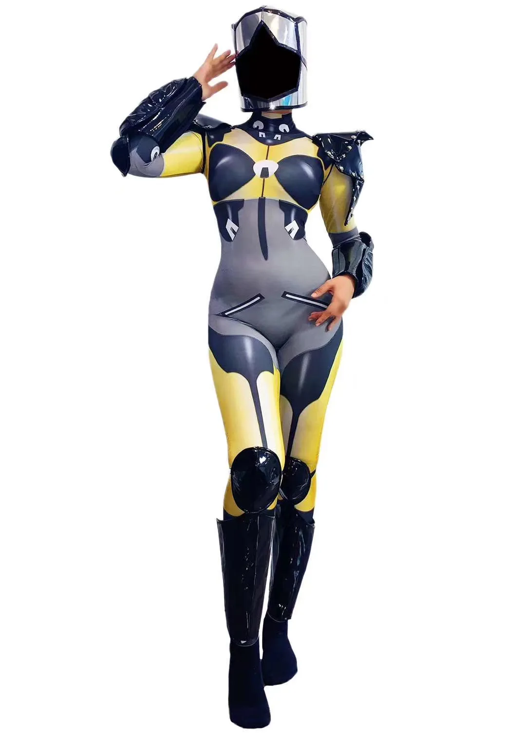 

Cartoon Helmet Robots Printed Women Cosplay Costume Stage Jumpsuit Novelty Halloween Masquerade Costume Party Bodycon Jumpsuit