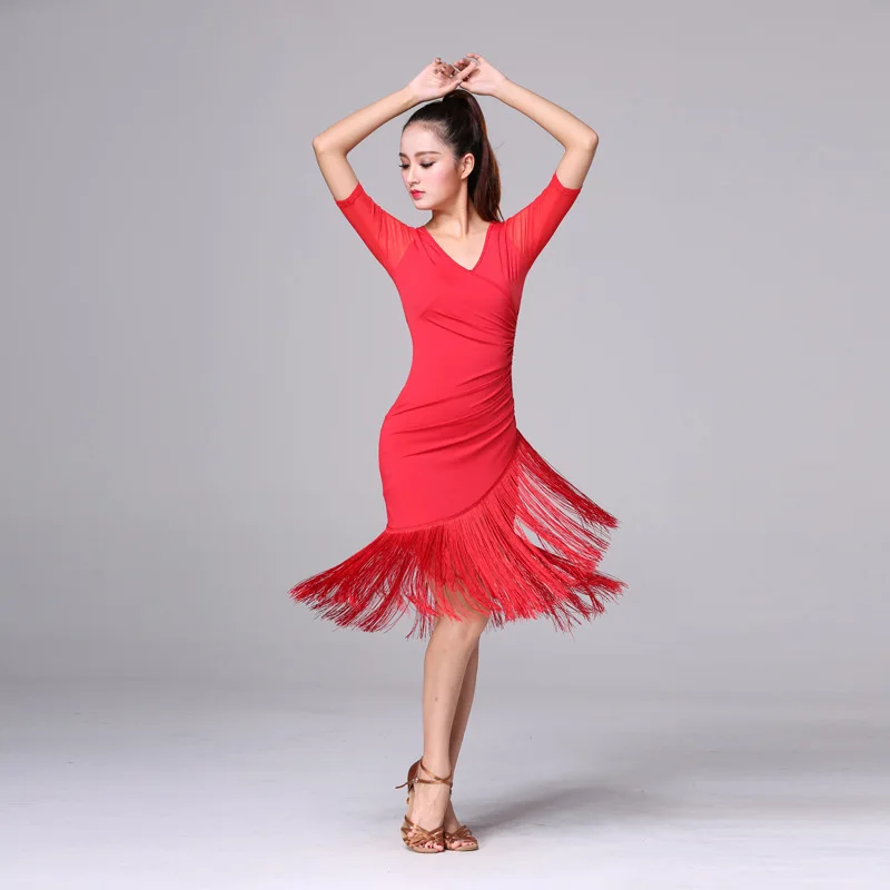 

Latin Dance Dress Women Fringe Ballroom Samba Tango Stage Costume Short Sleeve V-neck Dancing Dresses For Dancing