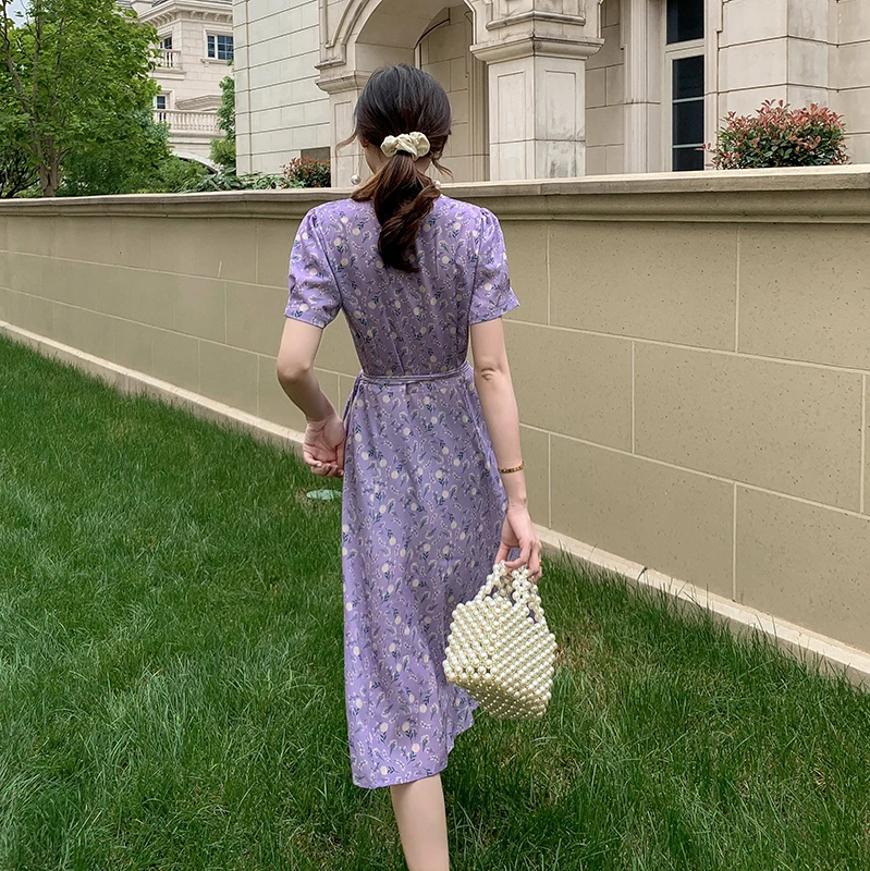 

Boho Vintage Tropical Beach Vacation Dress Women Midi Purple Chiffon Floral Dress Summer 2021 Runway Elegant Korean Party Dress