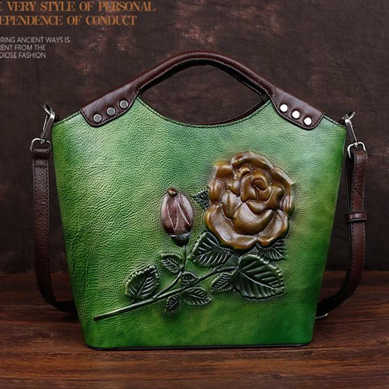 

Retro Floral Women Shoulder Crossbody Bags Bucket Bag 2021 New Genuine Leather Rose Embossed Leisure Luxury Handbags Sac A Main