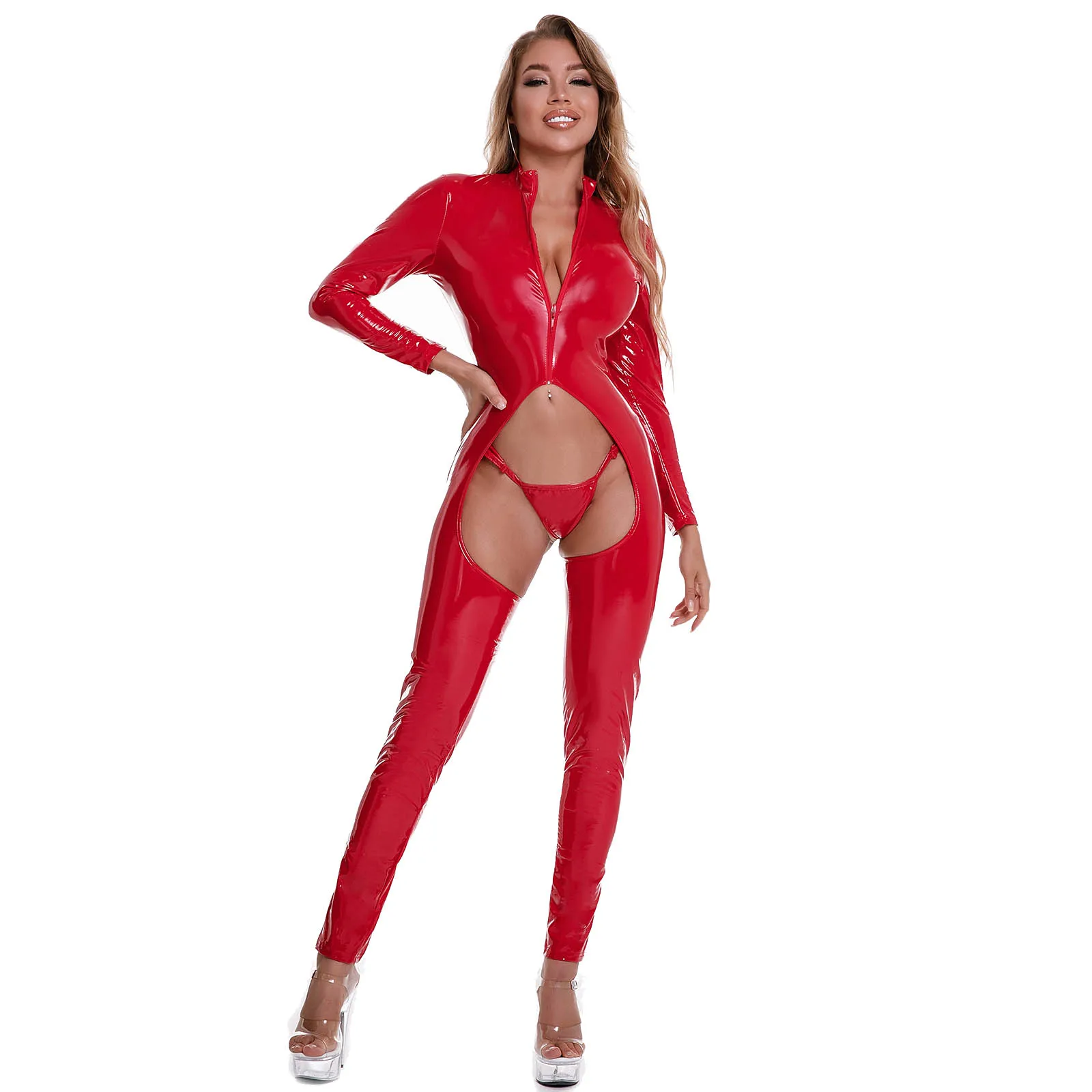 Crotchless latex catsuit