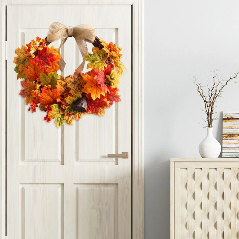 

Fall Maple Leaf Wreath Front Door Hanging Ornament Realistic Garland Thanksgiving Party Festival Decor