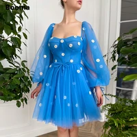 booma blue square neck mini prom dresses long puff sleeves flowers tulle wedding party dresses bow belt above knee prom gowns