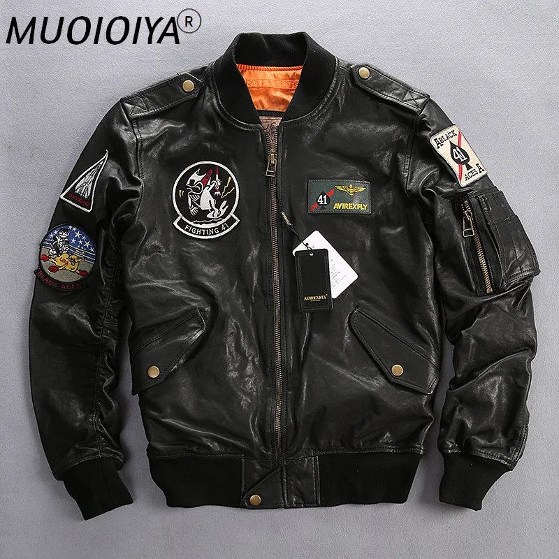 

New Genuine Leather Jackets Men 100% Real Goat Skin Multi- labeling Embroidery O-Neck Collar Bomber Motorcycle Jackets