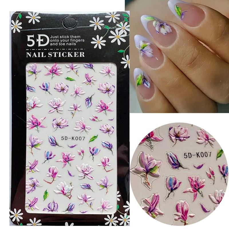 

5D Embossed Nail Sticker Colorful Anaglyph Flower with Textured Water Slider Decal Self Adhesive DIY Nail Art Decoration 1Sheet