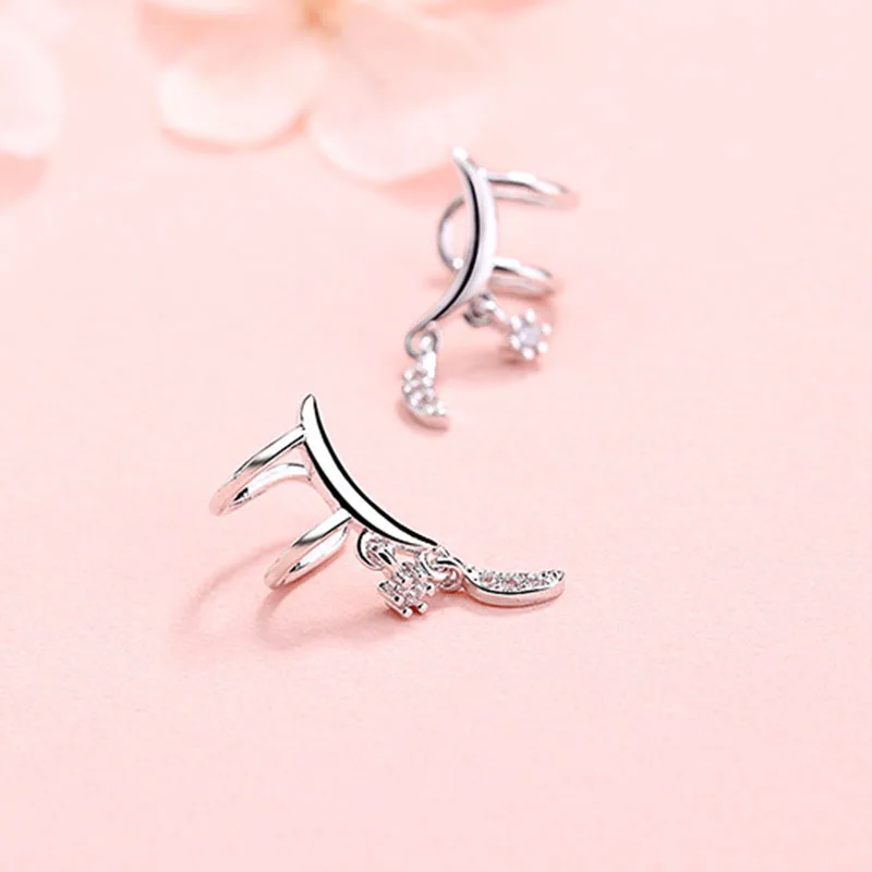 

S925 sterling silver zircon moon star silver color earring clip for women