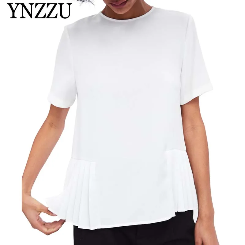 

YNZZU Chiffon Pleated Women Tops 2021 Summer Casual O Neck Short Sleeve Women White T-Shirt Loose Office Lady Shirt YT579