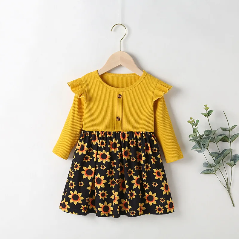

Autumn Winter 2021 New Girls Dress Long Sleeve O Neck Patchwork Print Sunflower Cute Sweet Baby Vestidos 2-6T