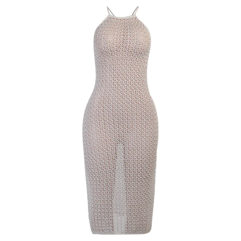 

Maxi Dress For Women Summer 2021 Beach Suit Cover Up Bathing Clothing New Wear Hollow Out Perspective Knitted Print Polyester
