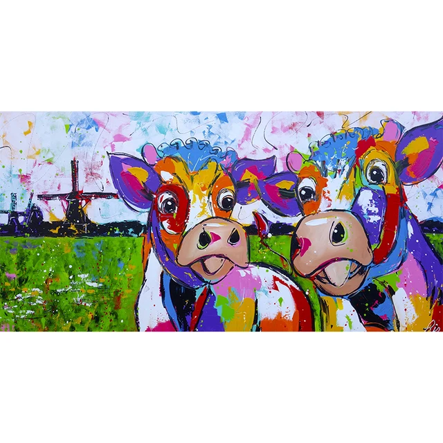 Мультфильм Акварель два корова масляной живописи современные Плакаты и  принты настенные картины для Гостиная домашний декор Куадрос | AliExpress