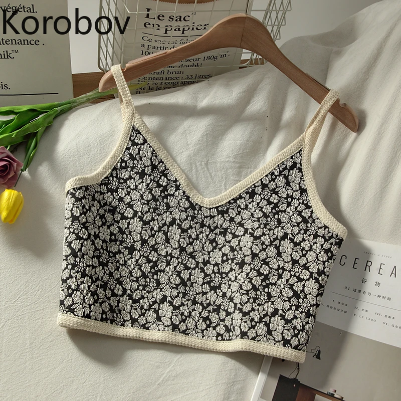 

FAKUNTN Korobov Vintage V Neck Spaghetti Strap Tunic Top Korean Print Fashion Crop Top 2020 New Fashion Tank Top Streetwear