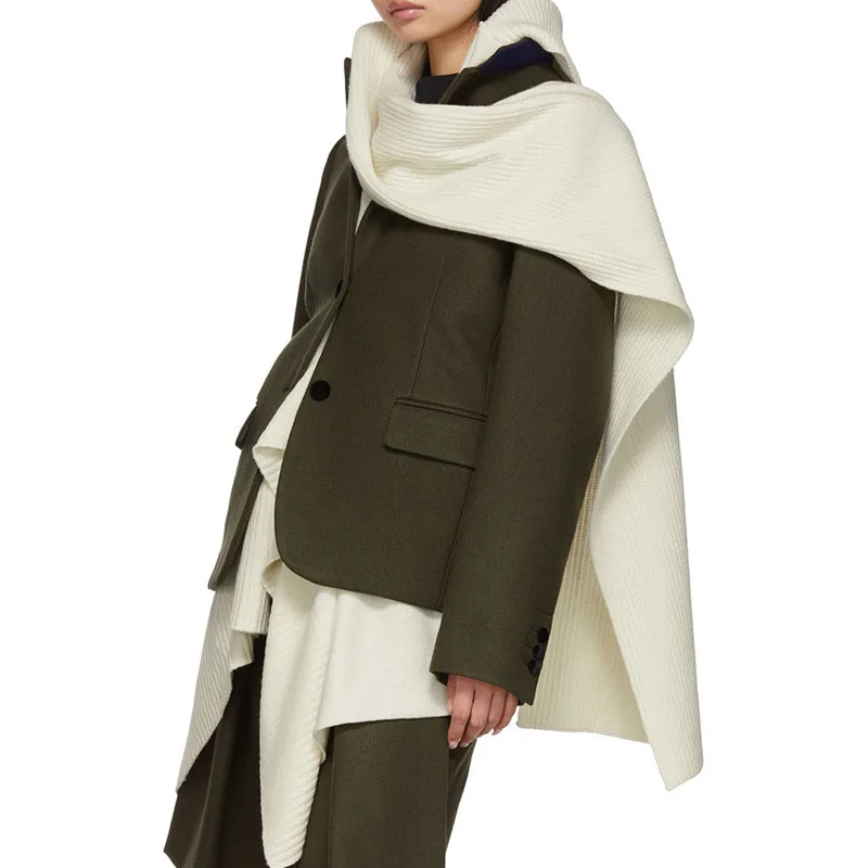 Асимметричное лоскутное Женское пальто с воротником шарфом длинным рукавом
