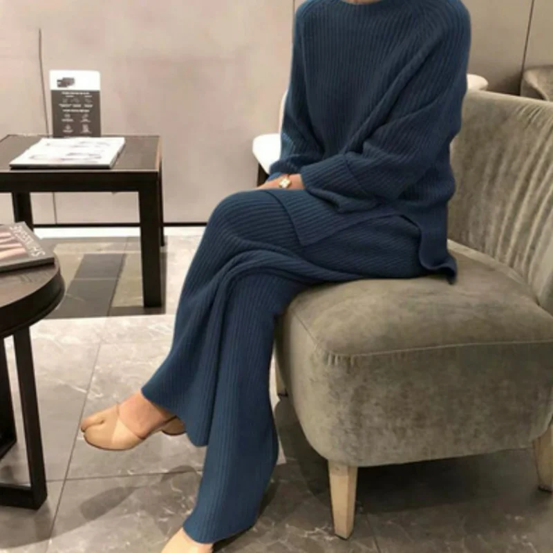 Женский Повседневный трикотажный комплект из 2 предметов свитер с разрезом на