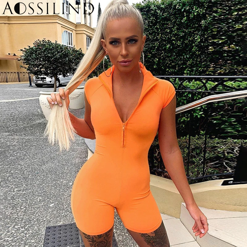 

AOSSILIND Women fitness jumpsuit rompers Summer sexy short sleeve zipper bodycon jumpsuit 2020 female playsuits