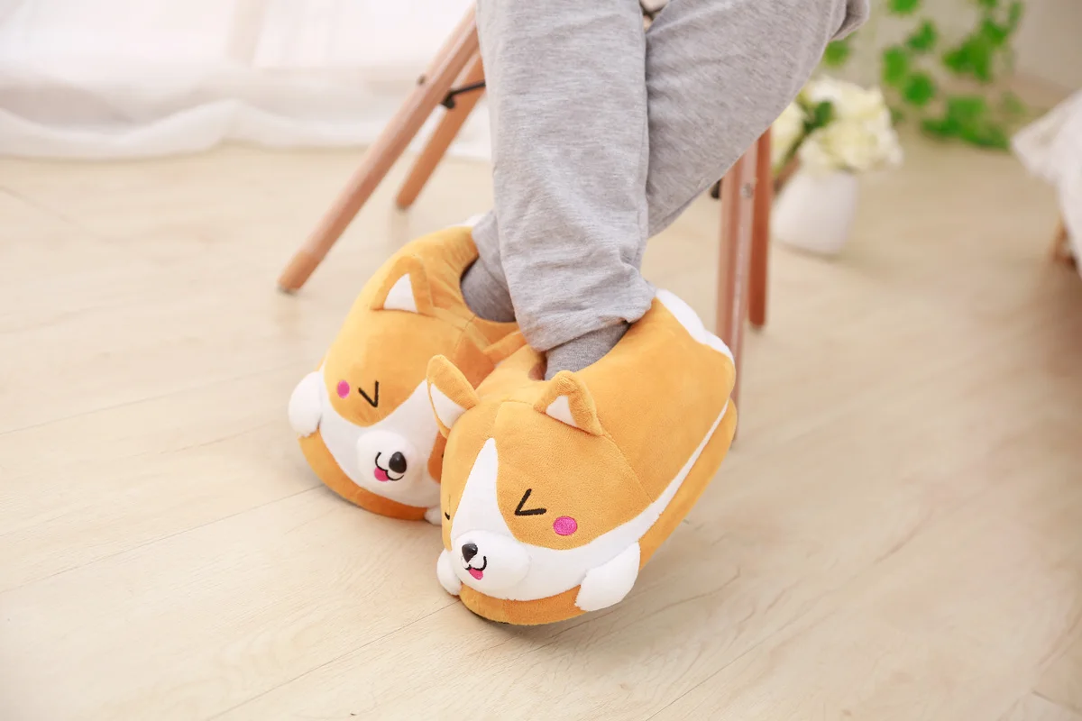 Lovely Corgi Shoes Heeled Cartoon Animals Dog Slippers Plush Indoor Floor Shoes Anti-slip Girls Ladies Friend Gift